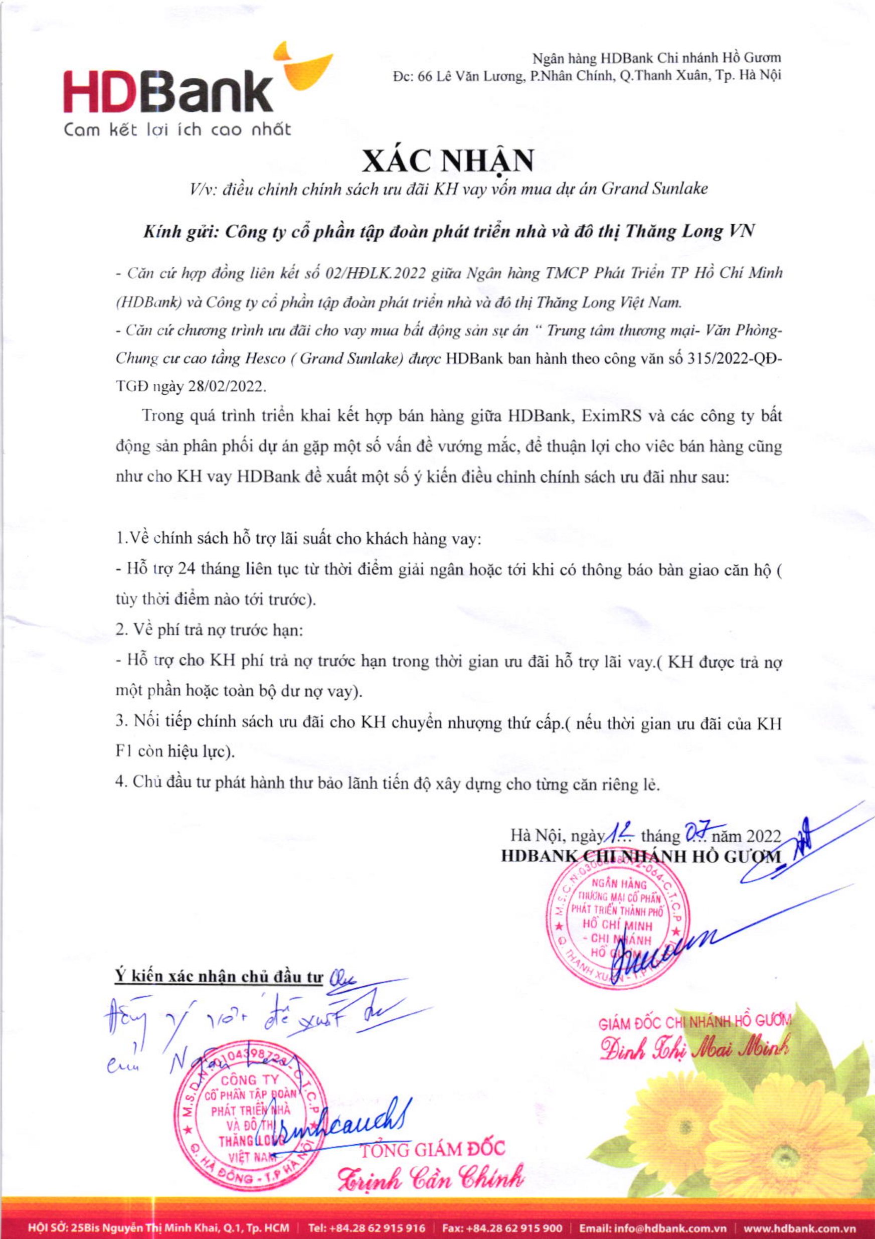 Chủ đầu tư và ngân hàng HDBank bảo lãnh tiến độ xây dựng cho từng căn riêng lẻ của dự án Grand SunLake